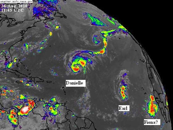 Satellite image on August 26 of the Atlantic showing Hurricane Danielle, Tropical Storm Earl, and a strong tropical wave coming off Africa. Satellite image on August 26 of the Atlantic showing Hurricane Danielle, Tropical Storm Earl, and a strong tropical wave coming off Africa.