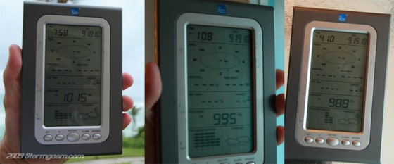 Three pictures showing the barometric pressure at three different times on September 19 in Bermuda.