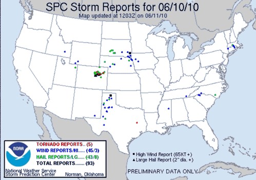 SPC Severe Reports for Thursday, June 10, 2010
