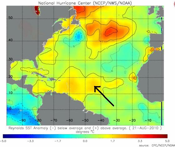 Sea Surface Temperature Anomalies August 21. Notice the warm pocket that Danielle just moved over. Sea Surface Temperature Anomalies August 21. Notice the warm pocket that Danielle just moved over.