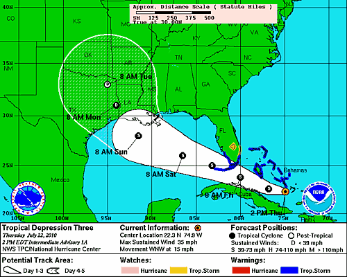 National Hurricane Center Forecast for TD#3 valid 11a.m. EDT July 22 National Hurricane Center Forecast for TD#3 valid 11a.m. EDT July 22