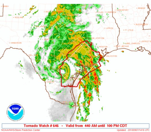 Radar overlaying a tornado watch issued by the Storm Prediction Center on September 7 Radar overlaying a tornado watch issued by the Storm Prediction Center on September 7