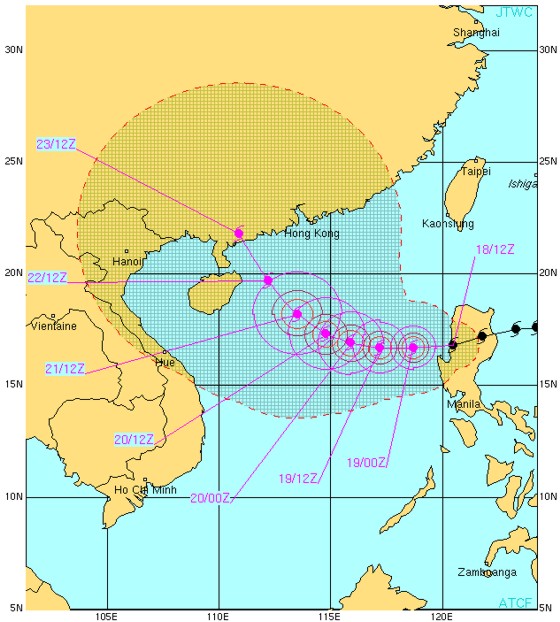 Super Typhoon 15W (MEGI) forecast from the JTWC on 18 October Super Typhoon 15W (MEGI) forecast from the JTWC on 18 October