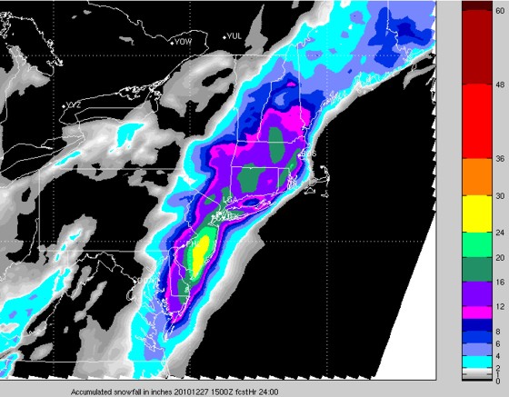 WSI Rapid Precision Model (15z run) 26 Dec 2010 showing accumulated snowfall in inches through 15z Dec 2